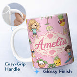 Personalized Custom Name Cute Summer Beach Kids Surfing Sun Pineapple Dog Pink Seamless 11oz Ceramic Coffee Tea Mug White Large Handle