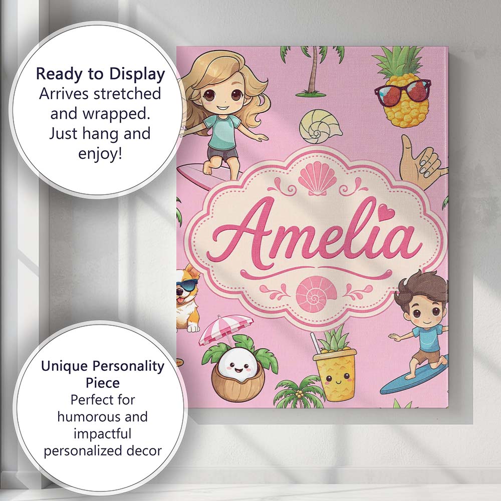 Personalised Name Cute Summer Beach Kids Custom  Unique Gift Idea Elegant Feature Canvas Wall Art Print Decor Picture Ready to Hang