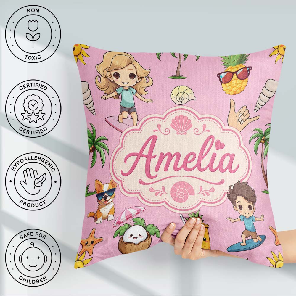 Custom Name Cute Summer Beach Kids Surfing Sun Dog Pink Seamless Square Filled Cushion Throw Pillow Sofa Bed Home Decor Zip Washable UK Made