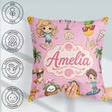 Custom Name Cute Summer Beach Kids Surfing Sun Dog Pink Seamless Square Filled Cushion Throw Pillow Sofa Bed Home Decor Zip Washable UK Made