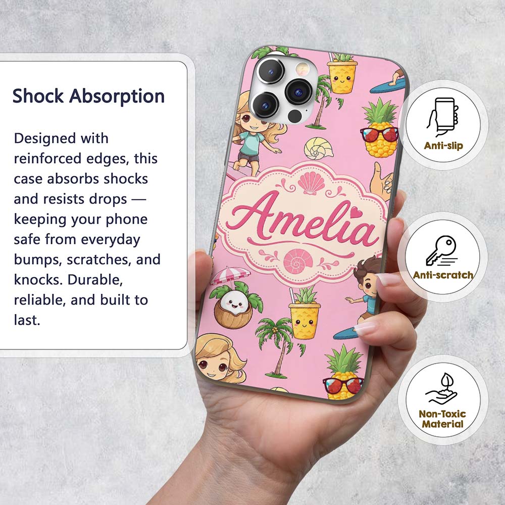Cute Summer Beach Kids Surfing Sun Pineapple Dog Custom Name Protective Phone Case Mobile Cover Durable Everyday Smartphone Shock Resistant
