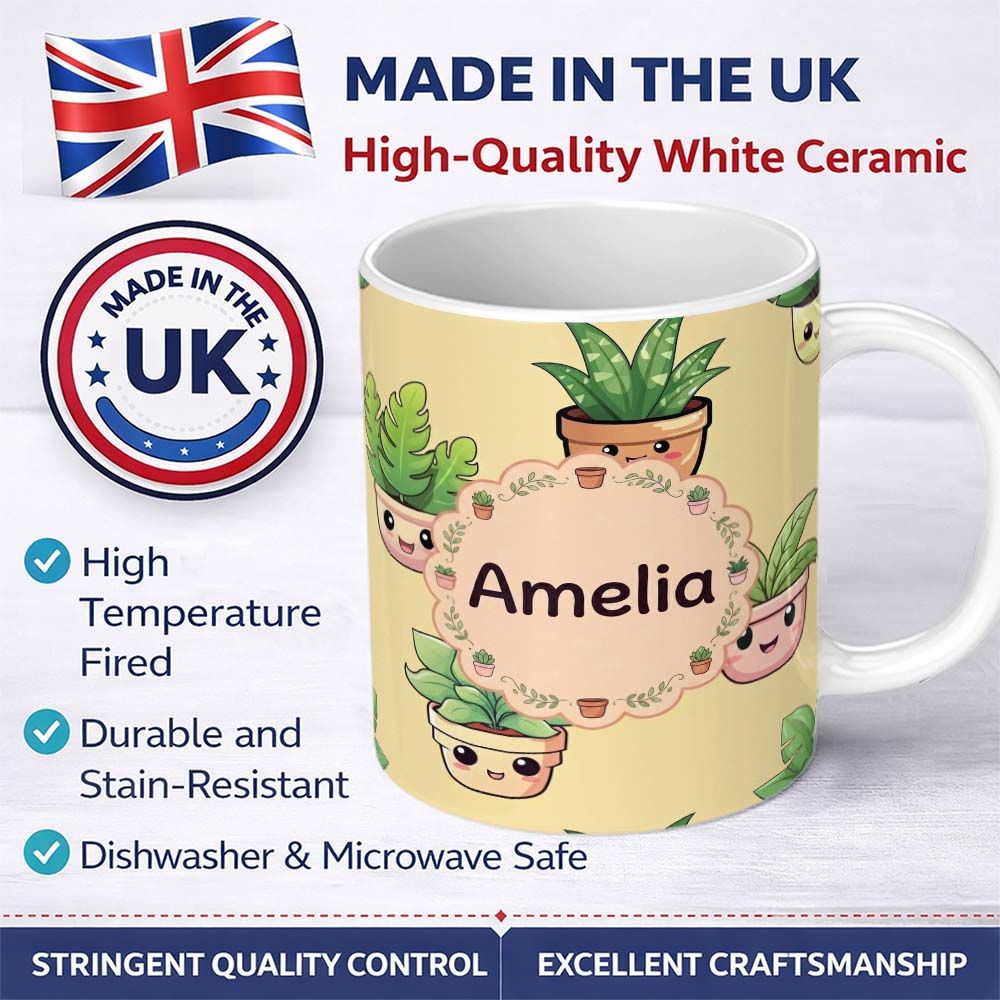 Personalized Custom Name Cute Kawaii Smiling Plant Pots Leaves Seamless Pattern Yellow Lovely 11oz Ceramic Coffee Tea Mug White Large Handle