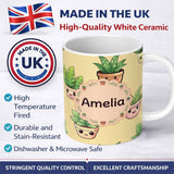 Personalized Custom Name Cute Kawaii Smiling Plant Pots Leaves Seamless Pattern Yellow Lovely 11oz Ceramic Coffee Tea Mug White Large Handle