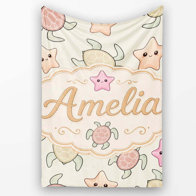 Cute Sea Turtles And Starfish Kawaii Ocean Seamless Pattern Name  Personalised Custom Name Super Soft Fleece Blanket Bed Sofa Throw