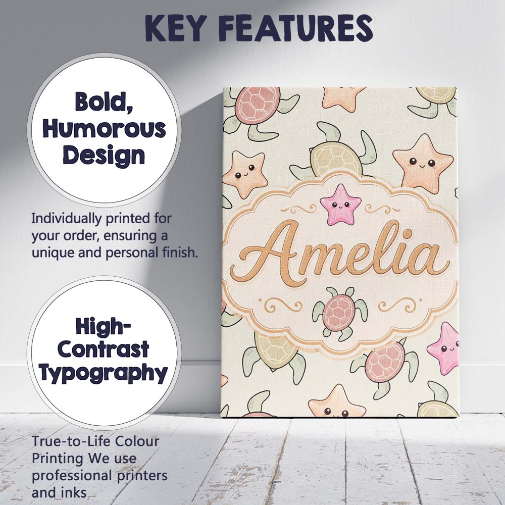 Personalised Name Cute Sea Turtles And Custom  Modern Room Accent Elegant Feature Canvas Wall Art Print Decor Picture Ready to Hang