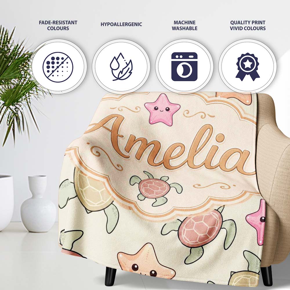 Cute Sea Turtles And Starfish Kawaii Ocean Seamless Pattern Name  Personalised Custom Name Super Soft Fleece Blanket Bed Sofa Throw