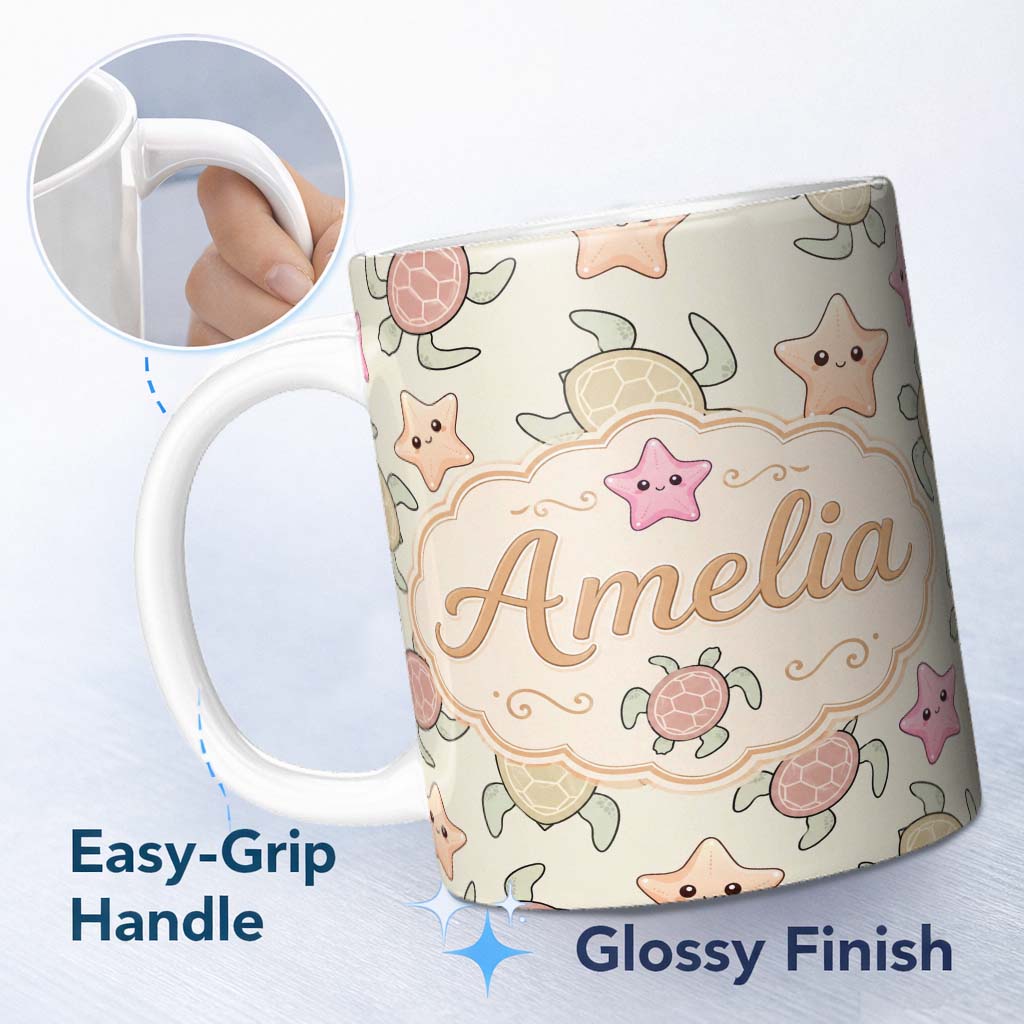 Personalized Custom Name Cute Sea Turtles And Starfish Kawaii Ocean Seamless Pattern Name 11oz Ceramic Coffee Tea Mug White Large Handle