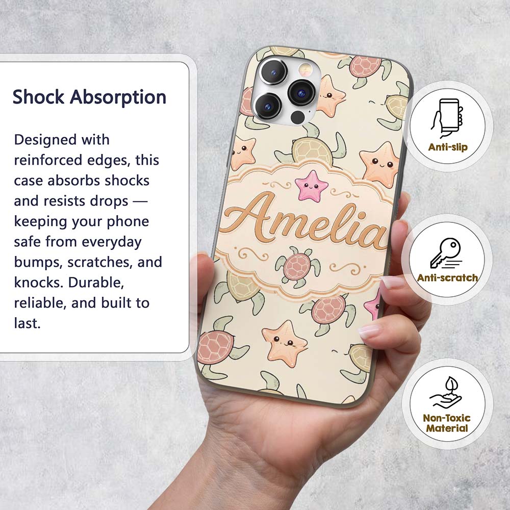 Cute Sea Turtles And Starfish Printed Design Custom Name Protective Phone Case Mobile Cover Durable Everyday Smartphone Shock Resistant