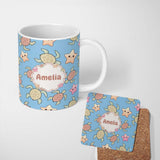 Personalized Custom Name Cute Sea Turtles And Starfish Kawaii Blue Ocean Seamless Pattern 11oz Ceramic Coffee Tea Mug White Large Handle