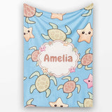 Cute Sea Turtles And Starfish Kawaii Blue Ocean Seamless Pattern  Personalised Custom Name Super Soft Fleece Blanket Bed Sofa Throw