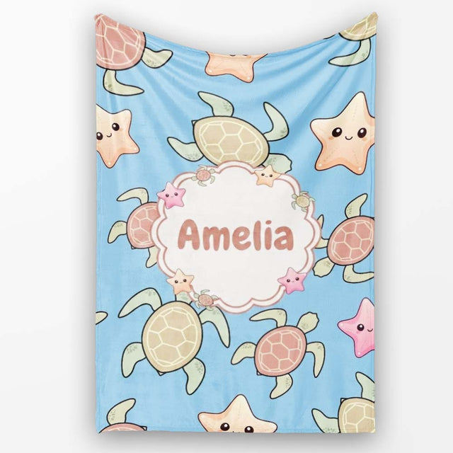 Cute Sea Turtles And Starfish Kawaii Blue Ocean Seamless Pattern  Personalised Custom Name Super Soft Fleece Blanket Bed Sofa Throw