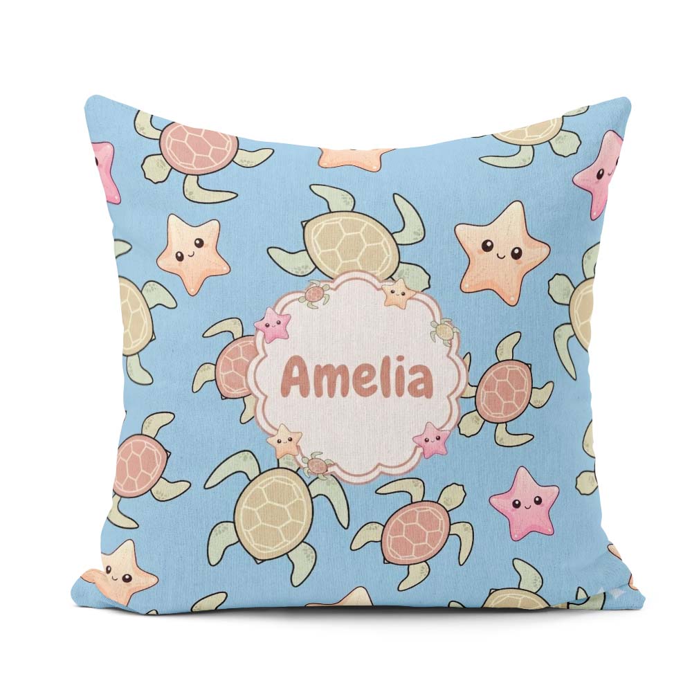 Custom Name Sea Turtles And Starfish Blue Ocean Seamless Pattern Square Filled Cushion Throw Pillow Sofa Bed Home Decor Zip Washable UK Made