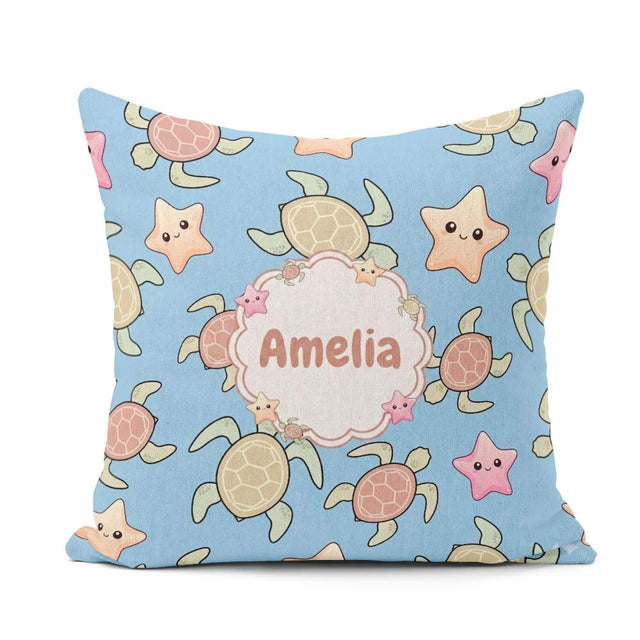 Custom Name Sea Turtles And Starfish Blue Ocean Seamless Pattern Square Filled Cushion Throw Pillow Sofa Bed Home Decor Zip Washable UK Made