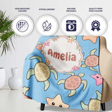 Cute Sea Turtles And Starfish Kawaii Blue Ocean Seamless Pattern  Personalised Custom Name Super Soft Fleece Blanket Bed Sofa Throw