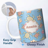 Personalized Custom Name Cute Sea Turtles And Starfish Kawaii Blue Ocean Seamless Pattern 11oz Ceramic Coffee Tea Mug White Large Handle