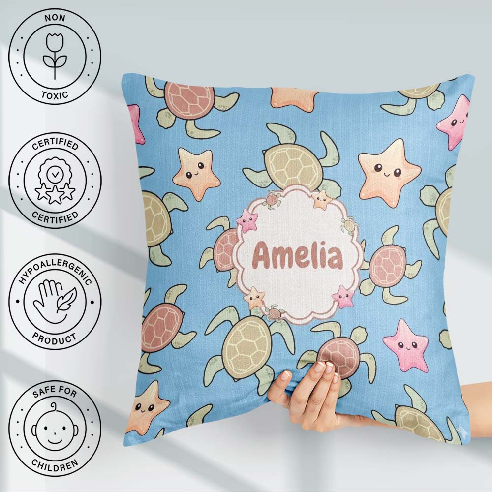 Custom Name Sea Turtles And Starfish Blue Ocean Seamless Pattern Square Filled Cushion Throw Pillow Sofa Bed Home Decor Zip Washable UK Made