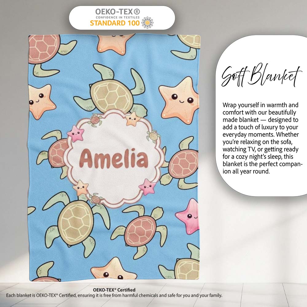 Cute Sea Turtles And Starfish Kawaii Blue Ocean Seamless Pattern  Personalised Custom Name Super Soft Fleece Blanket Bed Sofa Throw