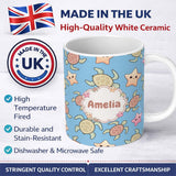 Personalized Custom Name Cute Sea Turtles And Starfish Kawaii Blue Ocean Seamless Pattern 11oz Ceramic Coffee Tea Mug White Large Handle