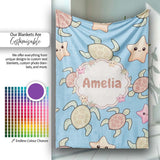 Cute Sea Turtles And Starfish Kawaii Blue Ocean Seamless Pattern  Personalised Custom Name Super Soft Fleece Blanket Bed Sofa Throw