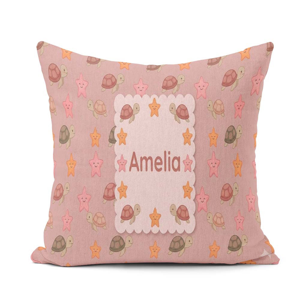 Custom Name Sea Turtles And Starfish Peach Seamless Pattern Name Square Filled Cushion Throw Pillow Sofa Bed Home Decor Zip Washable UK Made