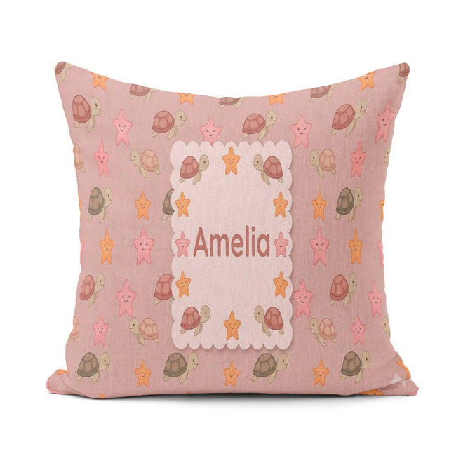 Custom Name Sea Turtles And Starfish Peach Seamless Pattern Name Square Filled Cushion Throw Pillow Sofa Bed Home Decor Zip Washable UK Made