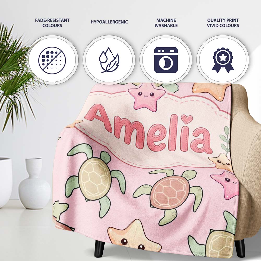 Cute Sea Turtles And Starfish Kawaii Pink Ocean Seamless Pattern  Personalised Custom Name Super Soft Fleece Blanket Bed Sofa Throw