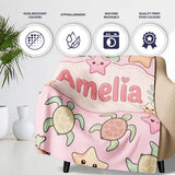 Cute Sea Turtles And Starfish Kawaii Pink Ocean Seamless Pattern  Personalised Custom Name Super Soft Fleece Blanket Bed Sofa Throw
