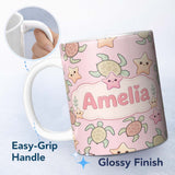 Personalized Custom Name Cute Sea Turtles And Starfish Kawaii Pink Ocean Seamless Pattern 11oz Ceramic Coffee Tea Mug White Large Handle