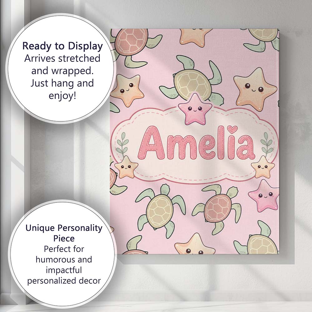 Personalised Name Cute Sea Turtles And Custom  Modern Room Accent Elegant Feature Canvas Wall Art Print Decor Picture Ready to Hang