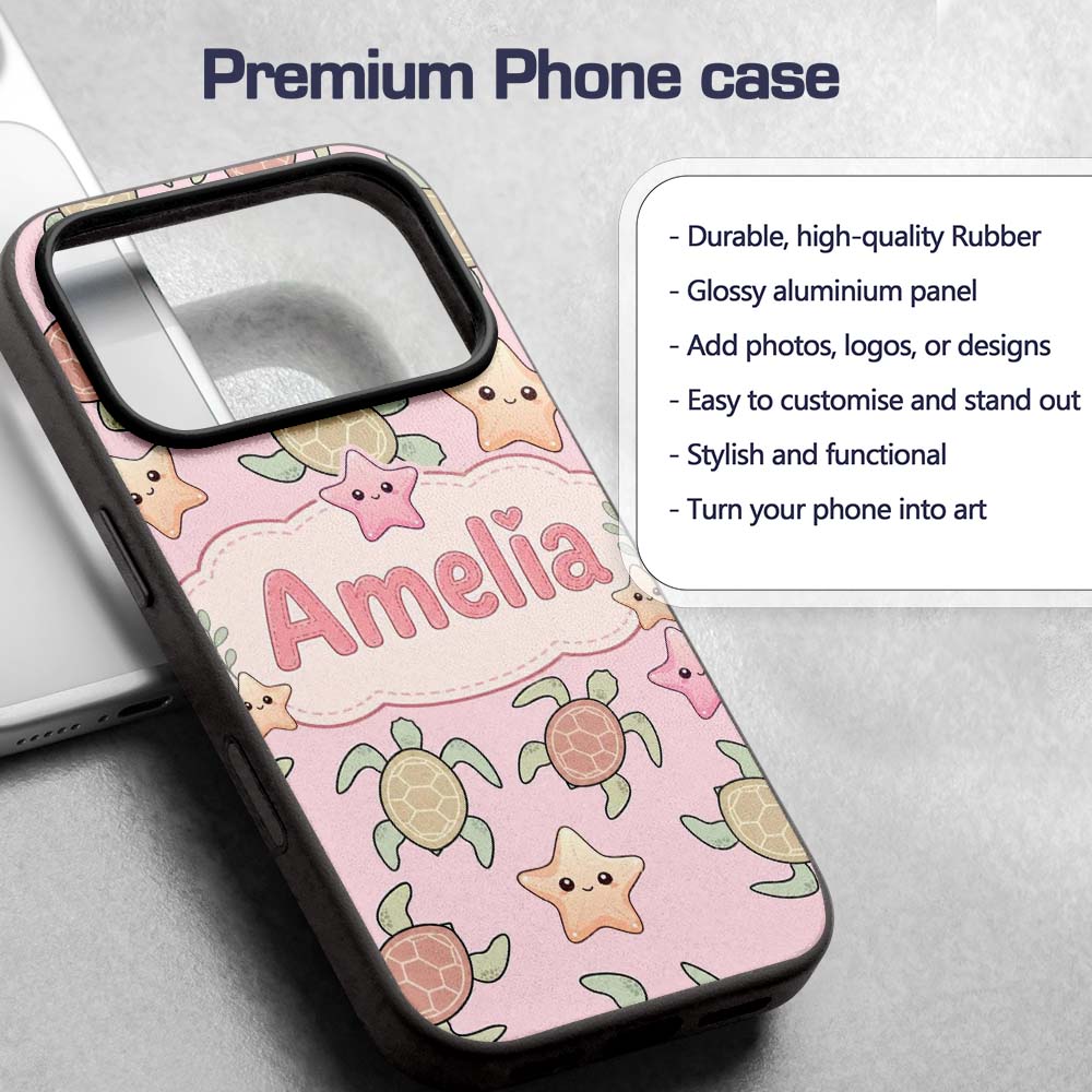 Cute Sea Turtles And Starfish Kawaii Pink Ocean Custom Name Protective Phone Case Mobile Cover Durable Everyday Smartphone Shock Resistant