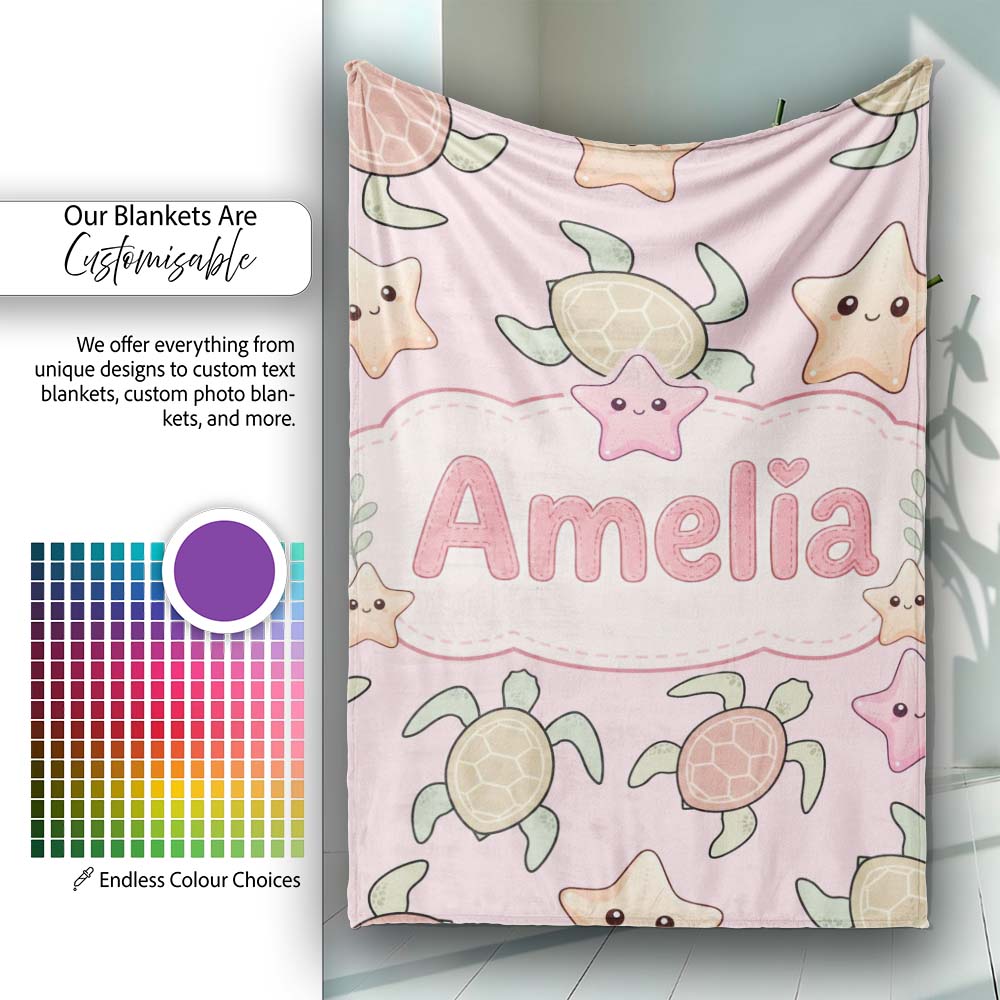 Cute Sea Turtles And Starfish Kawaii Pink Ocean Seamless Pattern  Personalised Custom Name Super Soft Fleece Blanket Bed Sofa Throw