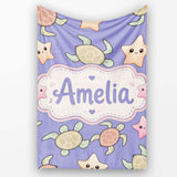 Cute Sea Turtles And Starfish Kawaii Purple Ocean Seamless Pattern  Personalised Custom Name Super Soft Fleece Blanket Bed Sofa Throw