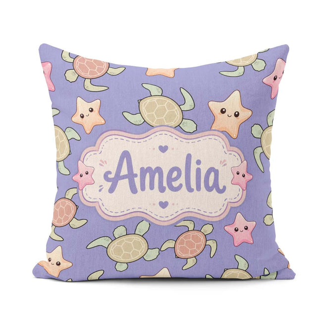 Custom Name Sea Turtles And Starfish Kawaii Purple Ocean Pattern Square Filled Cushion Throw Pillow Sofa Bed Home Decor Zip Washable UK Made