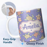 Personalized Custom Name Cute Sea Turtles And Starfish Kawaii Purple Ocean Seamless Pattern 11oz Ceramic Coffee Tea Mug White Large Handle