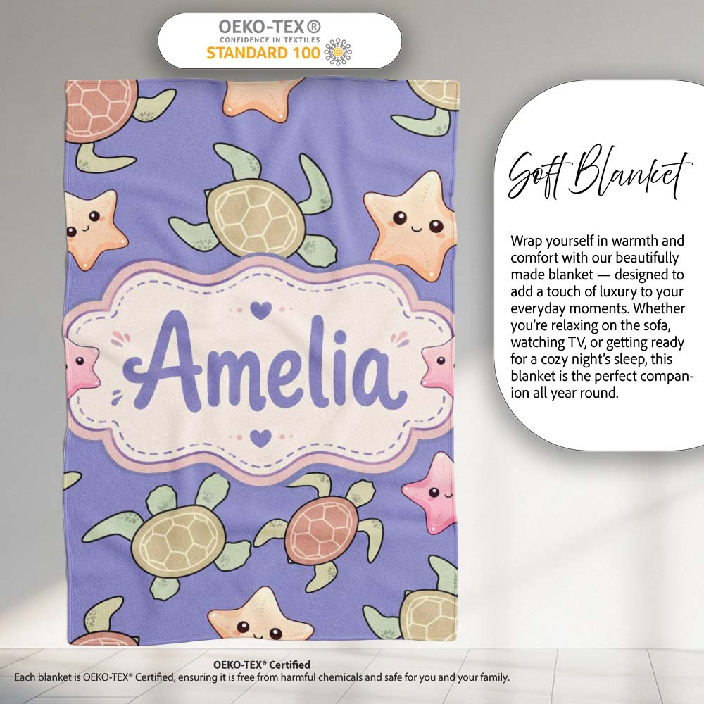 Cute Sea Turtles And Starfish Kawaii Purple Ocean Seamless Pattern  Personalised Custom Name Super Soft Fleece Blanket Bed Sofa Throw
