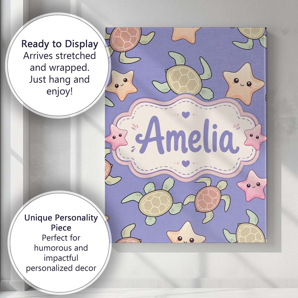Personalised Name Cute Sea Turtles And Custom  Modern Room Accent Elegant Feature Canvas Wall Art Print Decor Picture Ready to Hang