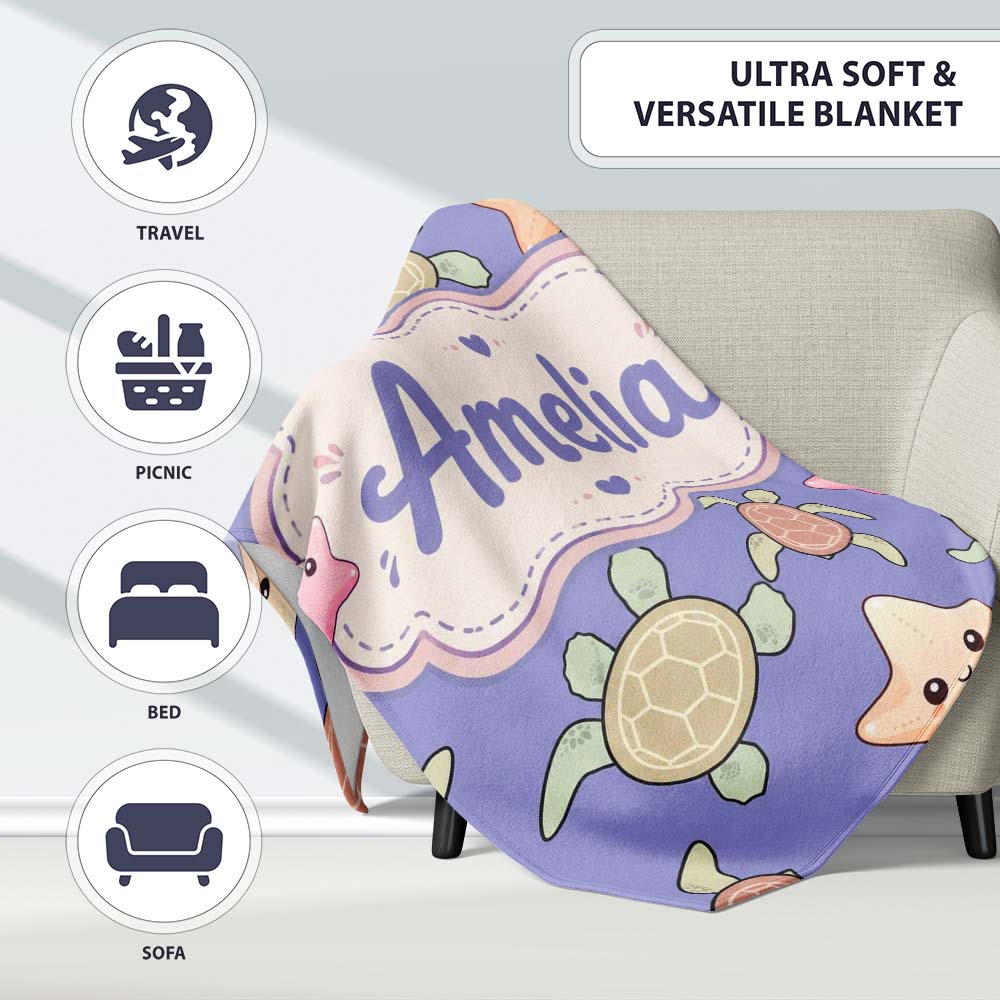 Cute Sea Turtles And Starfish Kawaii Purple Ocean Seamless Pattern  Personalised Custom Name Super Soft Fleece Blanket Bed Sofa Throw