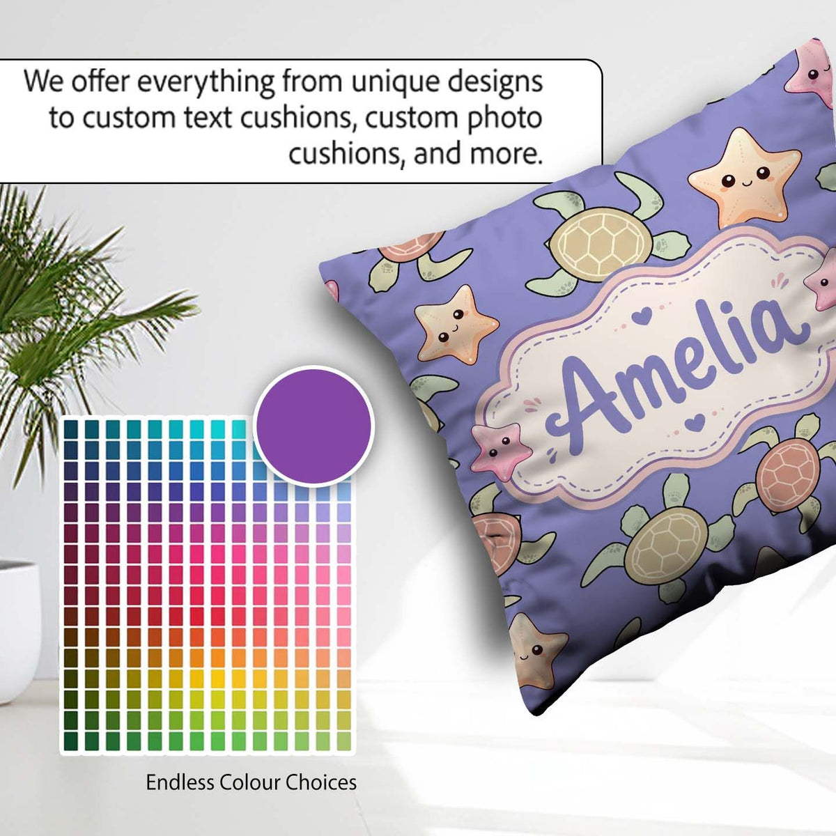 Custom Name Sea Turtles And Starfish Kawaii Purple Ocean Pattern Square Filled Cushion Throw Pillow Sofa Bed Home Decor Zip Washable UK Made