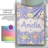 Cute Sea Turtles And Starfish Kawaii Purple Ocean Seamless Pattern  Personalised Custom Name Super Soft Fleece Blanket Bed Sofa Throw