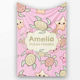 Cute Sea Turtles And Starfish Kawaii Soft Pink Ocean Seamless  Personalised Custom Name Super Soft Fleece Blanket Bed Sofa Throw