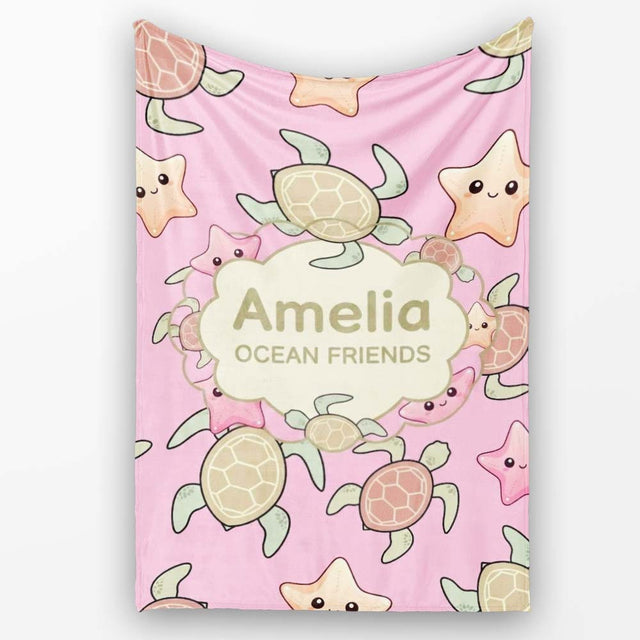Cute Sea Turtles And Starfish Kawaii Soft Pink Ocean Seamless  Personalised Custom Name Super Soft Fleece Blanket Bed Sofa Throw