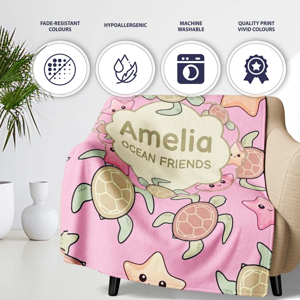 Cute Sea Turtles And Starfish Kawaii Soft Pink Ocean Seamless  Personalised Custom Name Super Soft Fleece Blanket Bed Sofa Throw