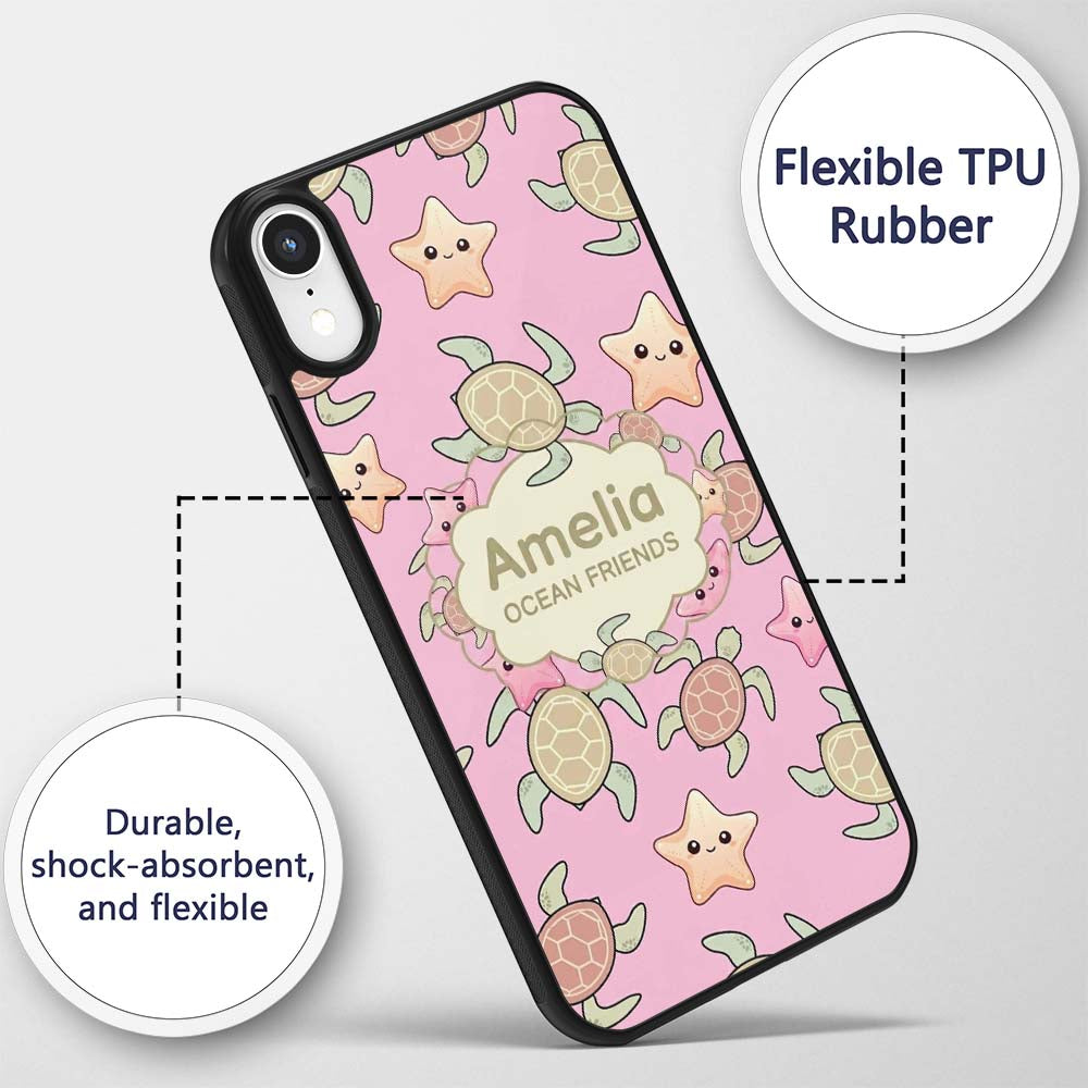 Cute Sea Turtles And Starfish Kawaii Soft Pink Custom Name Protective Phone Case Mobile Cover Durable Everyday Smartphone Shock Resistant