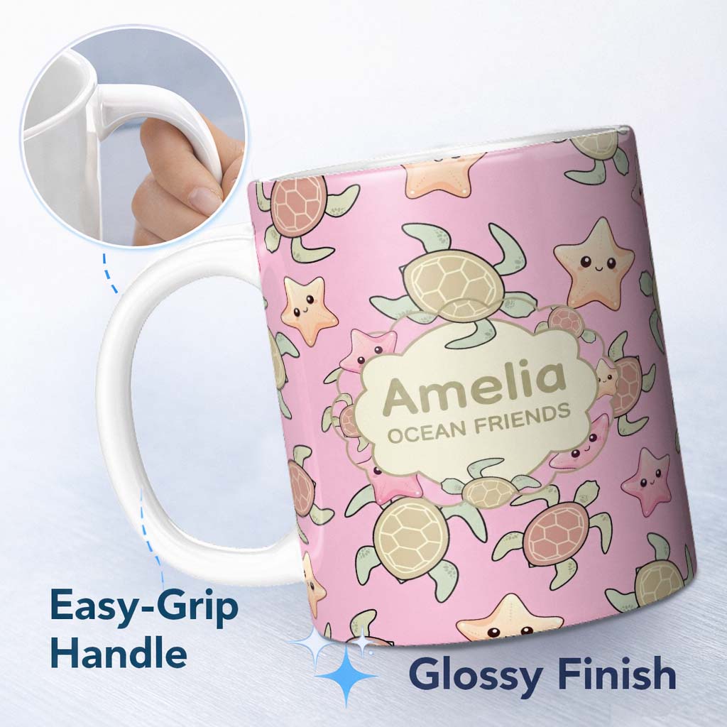 Personalized Custom Name Cute Sea Turtles And Starfish Kawaii Soft Pink Ocean Seamless 11oz Ceramic Coffee Tea Mug White Large Handle