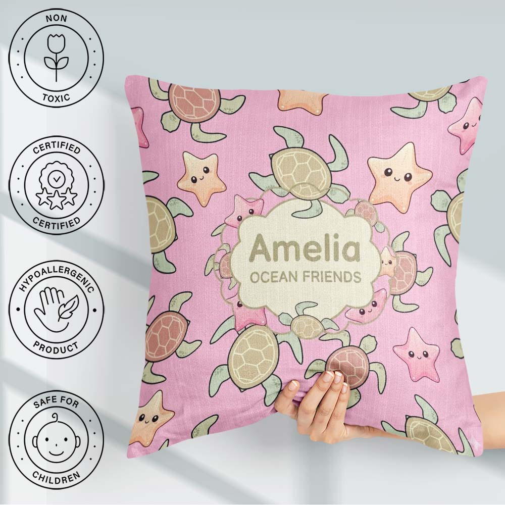 Custom Name Cute Sea Turtles And Starfish Kawaii Soft Pink Ocean Square Filled Cushion Throw Pillow Sofa Bed Home Decor Zip Washable UK Made