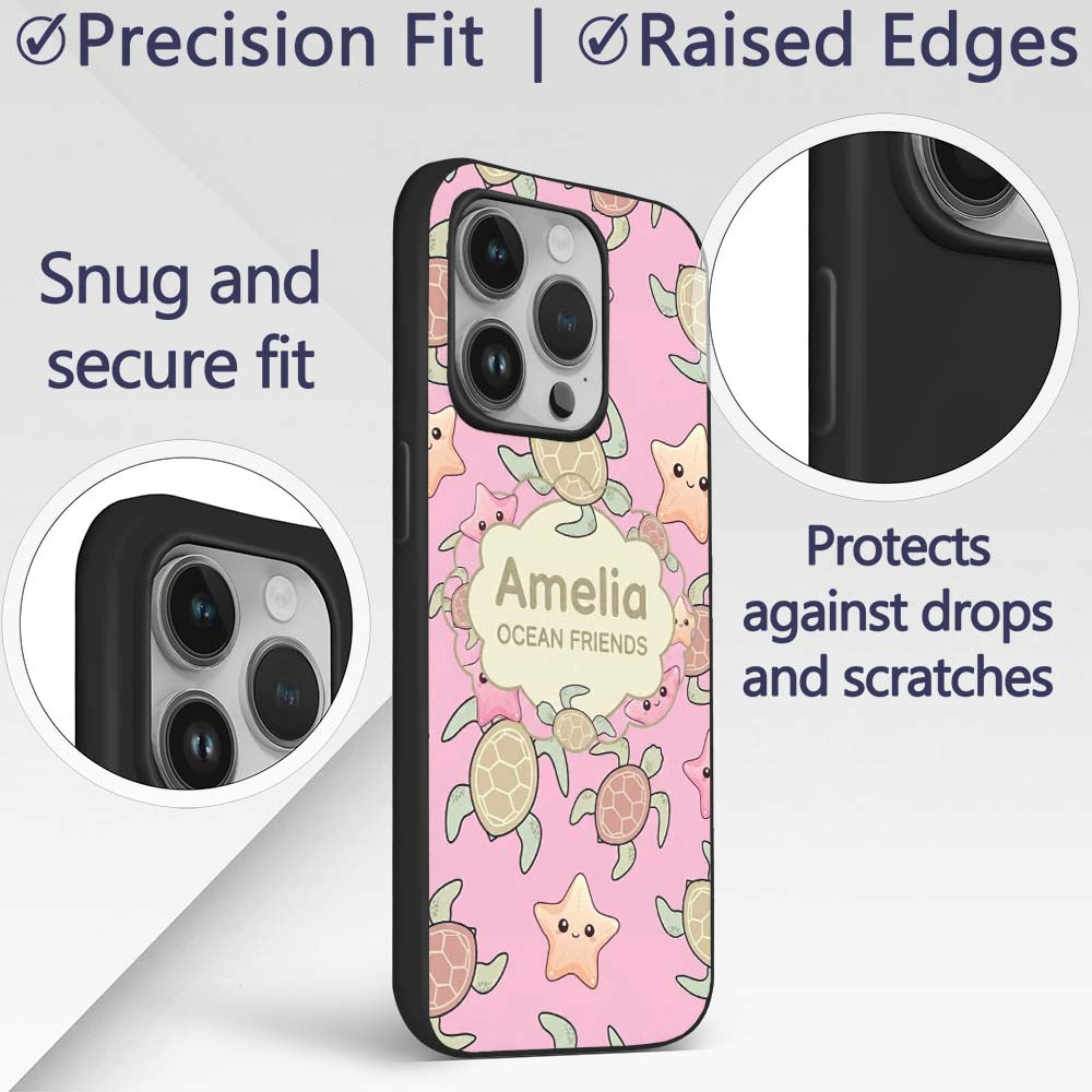 Cute Sea Turtles And Starfish Kawaii Soft Pink Custom Name Protective Phone Case Mobile Cover Durable Everyday Smartphone Shock Resistant