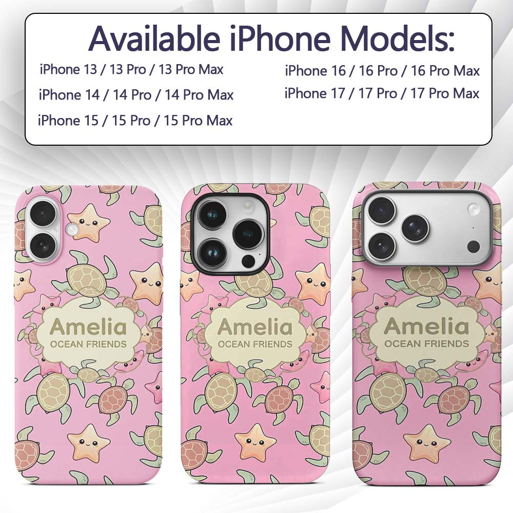 Cute Sea Turtles And Starfish Kawaii Soft Pink Custom Name Protective Phone Case Mobile Cover Durable Everyday Smartphone Shock Resistant