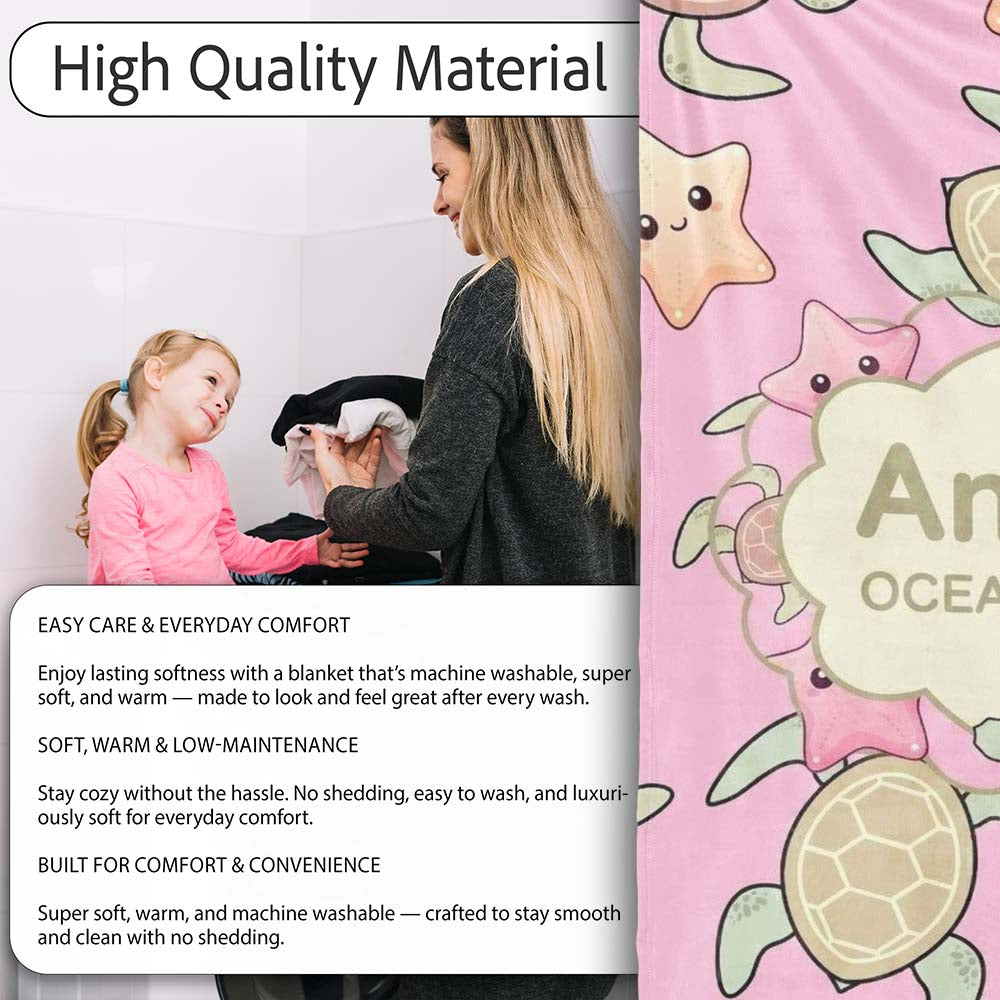 Cute Sea Turtles And Starfish Kawaii Soft Pink Ocean Seamless  Personalised Custom Name Super Soft Fleece Blanket Bed Sofa Throw