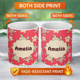 Personalized Custom Name Cute Sea Turtles And Starfish Kawaii Red Ocean Seamless Pattern Name 11oz Ceramic Coffee Tea Mug White Large Handle