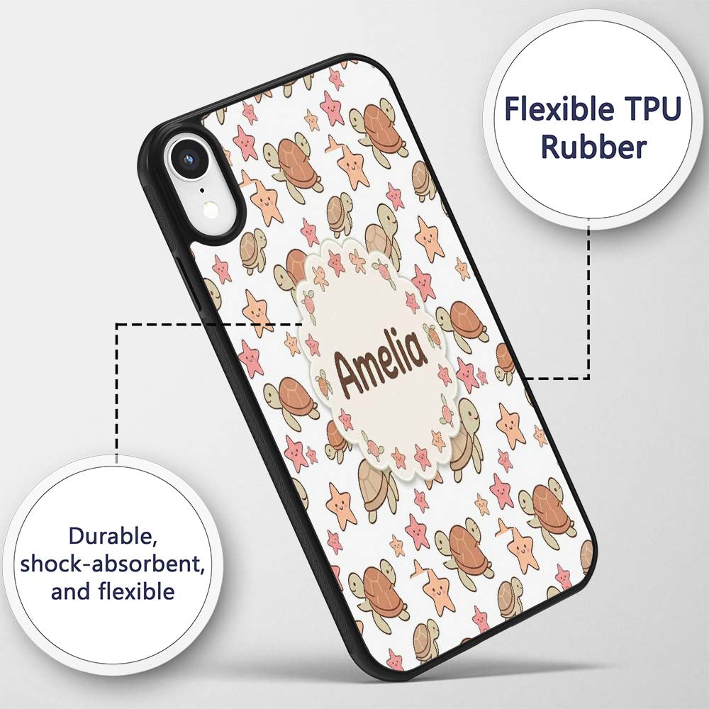 Cute Sea Turtles And Starfish Kawaii Grey Ocean Custom Name Protective Phone Case Mobile Cover Durable Everyday Smartphone Shock Resistant